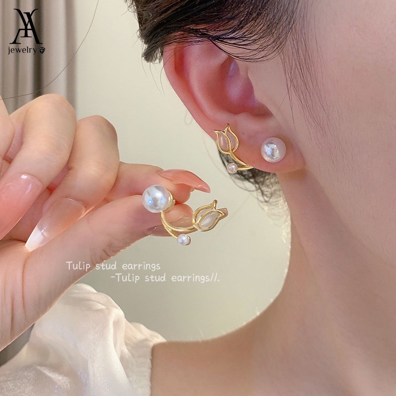 Ay (CN) Anting Bunga Tulip Anting Tusuk Mutiara Emas Elegan Untuk Aksesoris Perhiasan Wanita