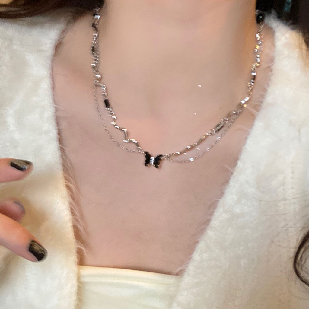Y2k Gelombang Double Layer Kalung Choker Rantai Butterfly Silver Hitam Untuk Aksesoris Perhiasan Wanita