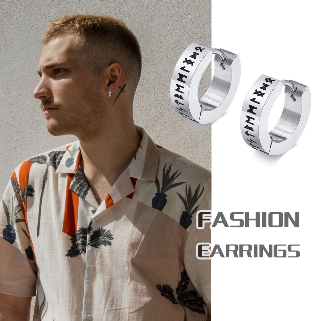 Vintage Norse Viking Runes Anting Hoop Untuk Pria Laki Cowok Tahan Air Anti Karat Huggie Telinga Hadiah Perhiasan Ulang Tahun