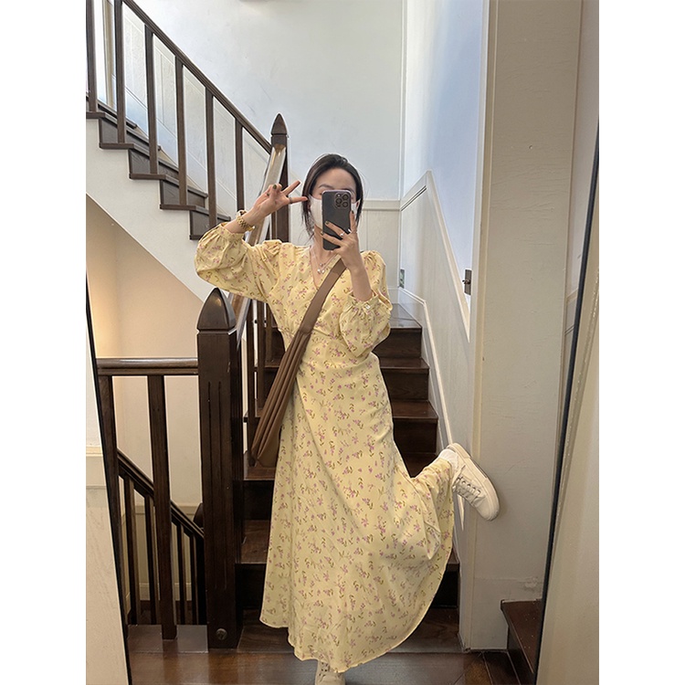 AIMEI Yellow floral dress 2023 Korean waist chic long-sleeved skirt long dress