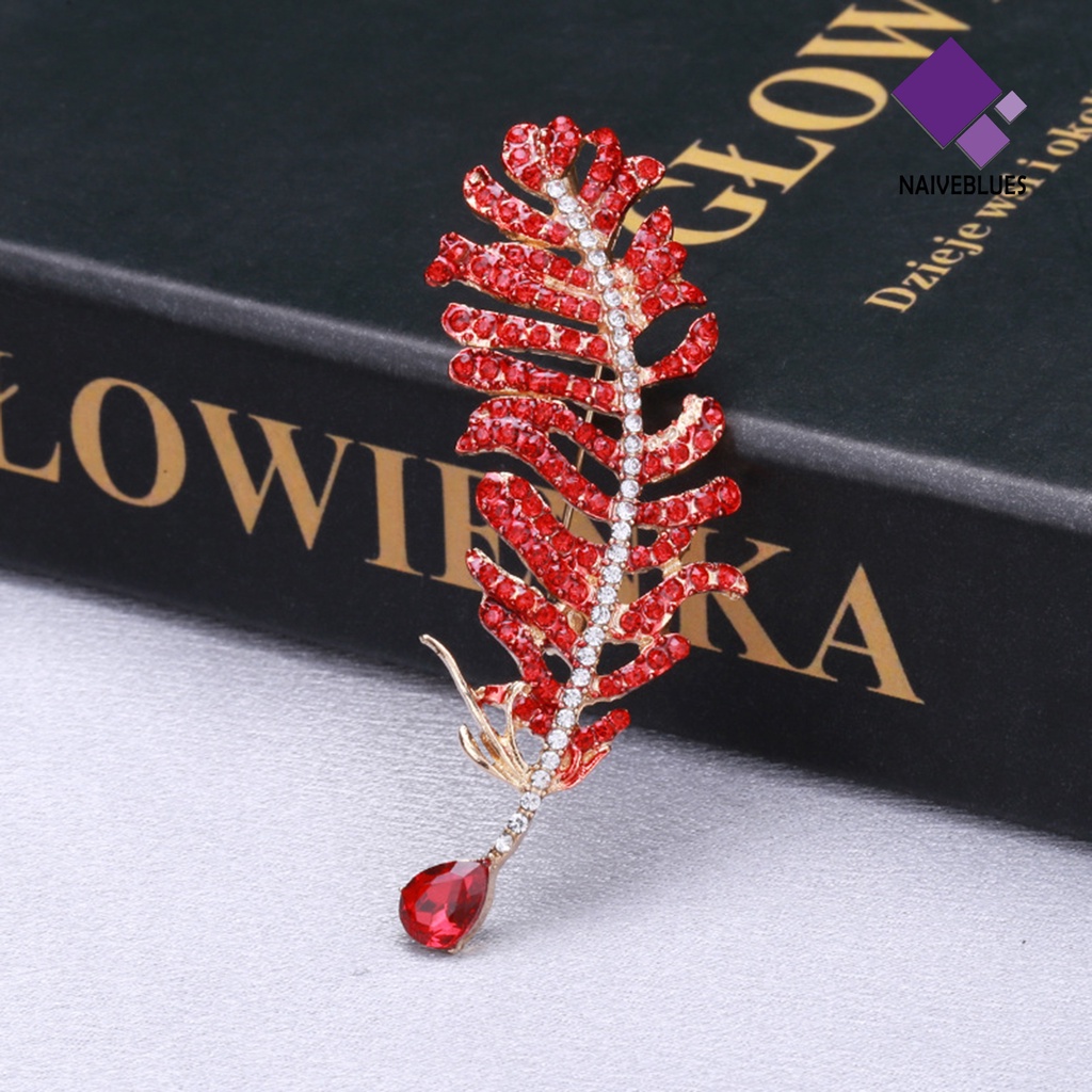 &lt; Naiveblues &gt; Bros Pin Bulu Rhinestones Perhiasan Daun Bersinar Aksesoris Pakaian