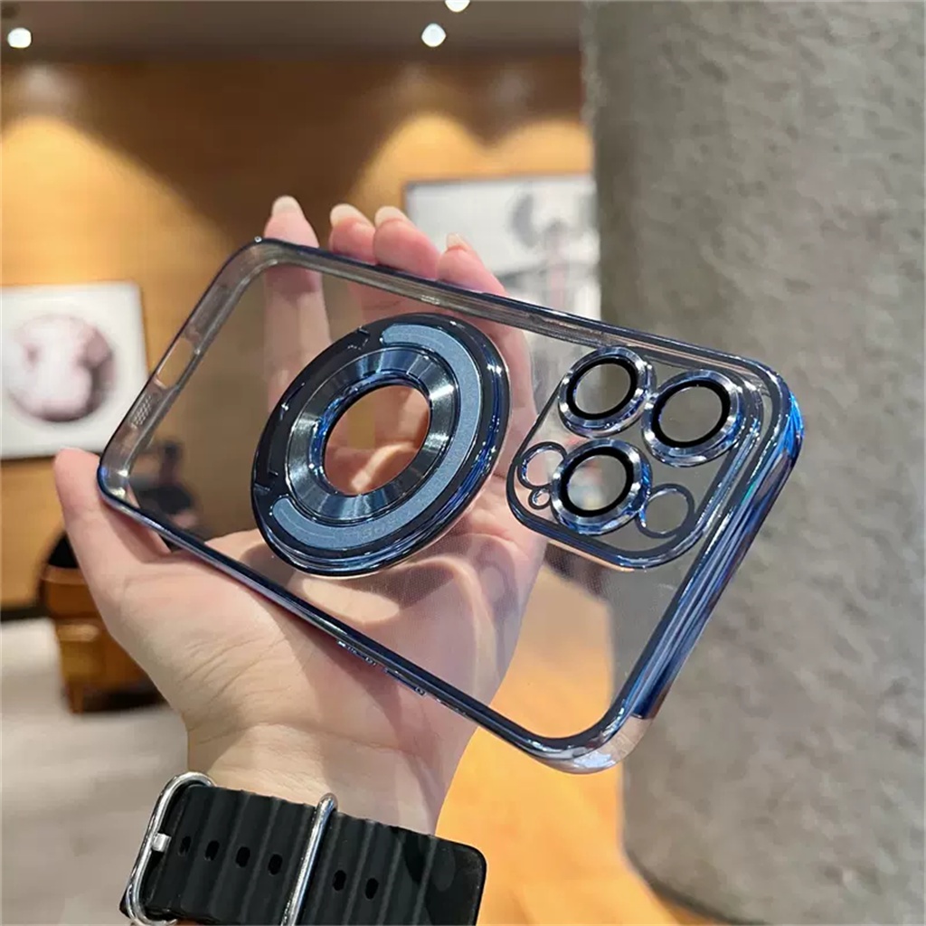 Casing Magnet Logam Mewah iphone 14 pro max plus case iphone 11 12 13 pro max case Kamera Perlindungan Lensa Dengan bracket shockproof protection soft case