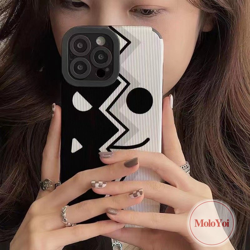 IPHONE Kartun Lucu Kreatif Setan Hitam Dan Putih Wajah Kembali Case Kompatibel Untuk Iphone11 13 14 12 Pro Max7 8 Plus XR XS X MAX 7Plus Tekstur Kulit Mewah Lembut Silikon Ponsel Cover