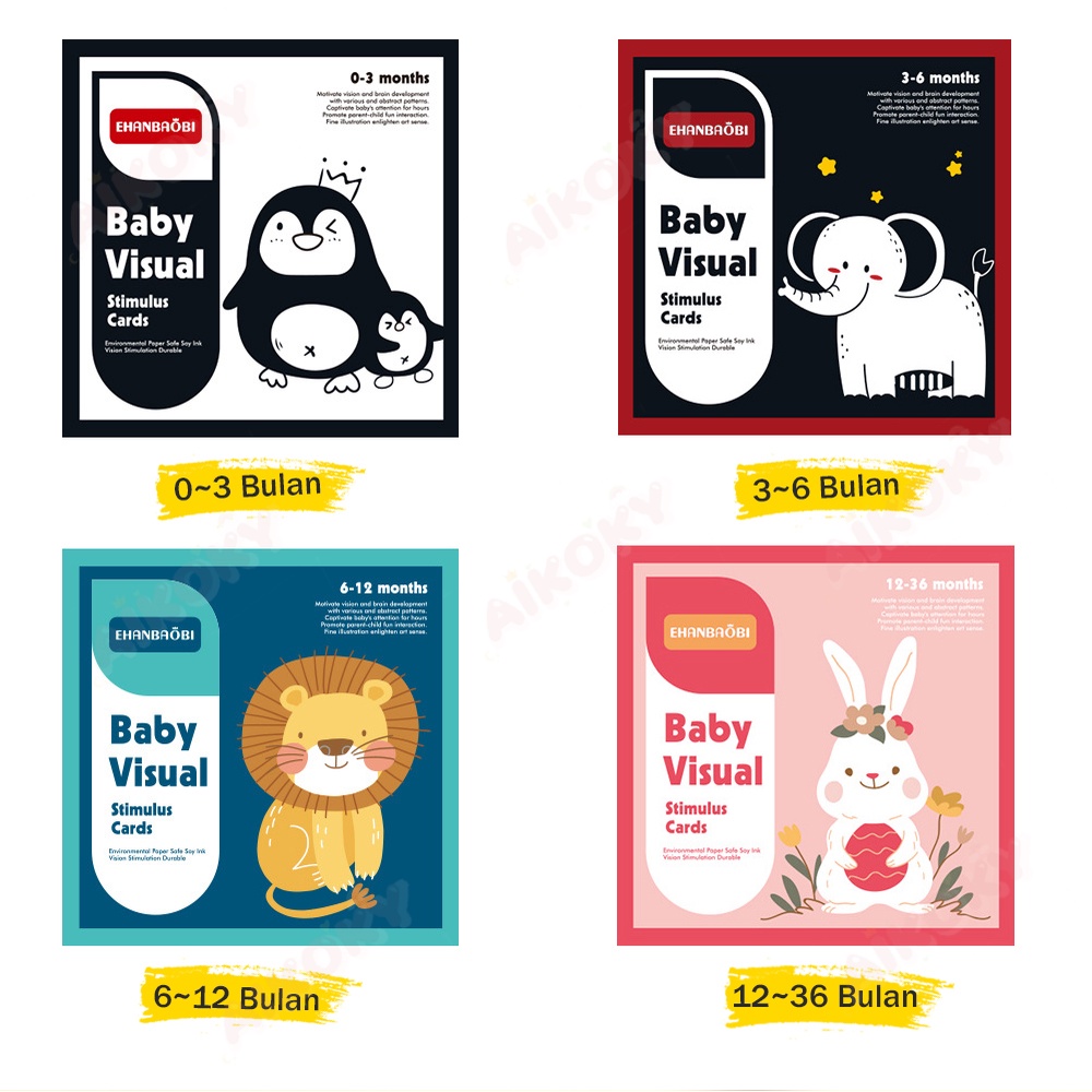 Aikoky 0-12 Bulan Visual Flash Card Bayi / Mainan Edukasi Kartu Pintar Stimulasi Bayi