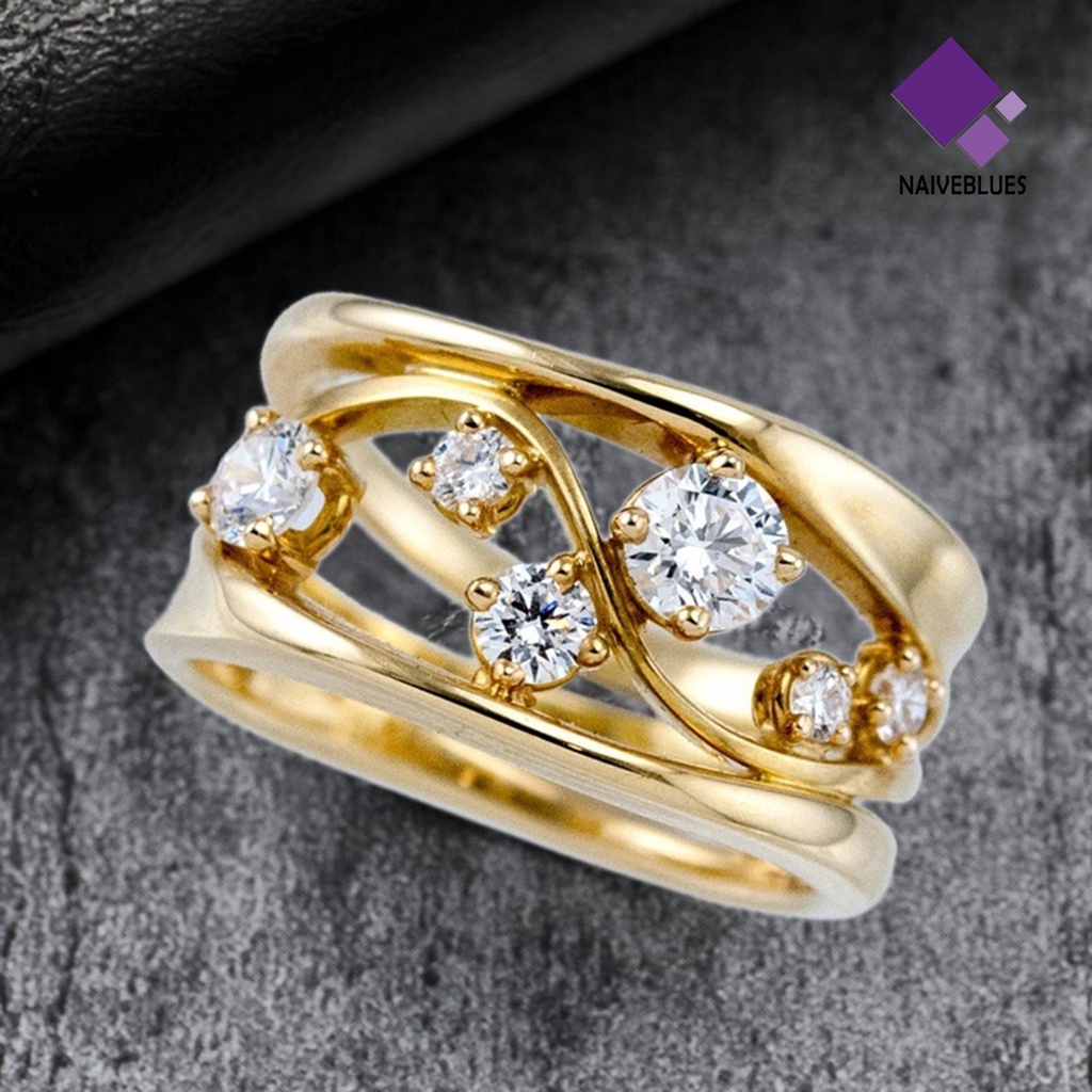 &lt; Naiveblues &gt; Cincin Jari Wanita Anti Tarnish Berongga Garis Bergelombang Geometris Zirconia Ring Engagement