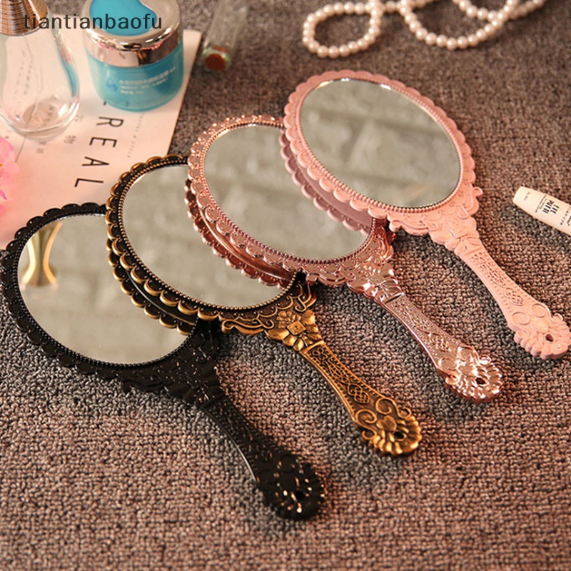 [tiantianbaofu] Vintage Ukir Handheld Vanity Mirror Cermin Rias Tangan Gagang Kosmetik Butik