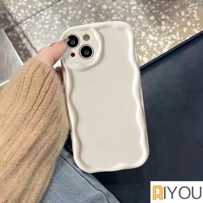 Fashion Sederhana Cat Air Gelombang Bingkai Bantal Ponsel Case Kompatibel Untuk iPhone 14 Pro Max11 12 13 7plus XR X XS Max7 8 Plus SE 2020 Halus Glossy Bergelombang Tepi Shockproof Soft Case