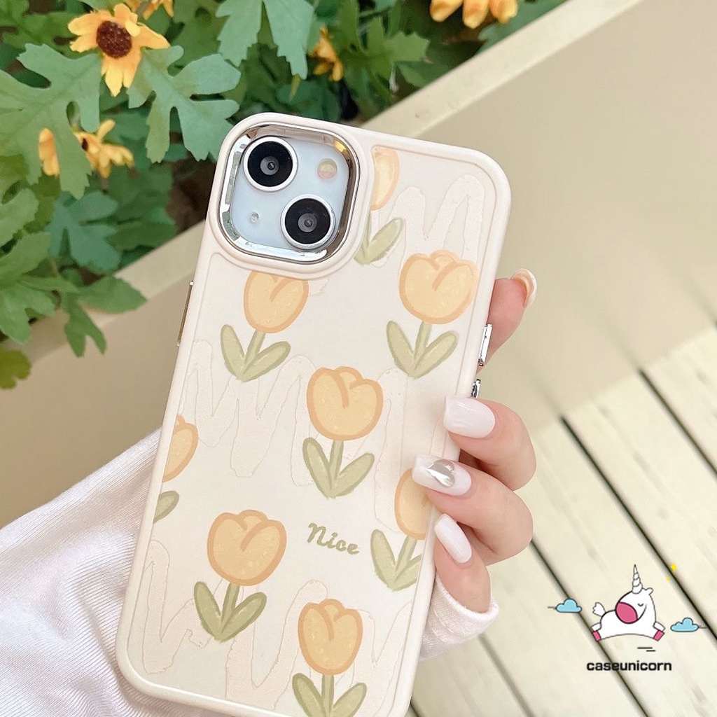 Casing Ponsel Kompatibel Untuk IPhone 7plus 8plus XR 11 14 12 13 Pro MAX X 7 8 Plus XS MAX Fresh Bunga Tulip Mewah Plating Electroplate Bingkai Lensa Logam Shockproof Soft Cover