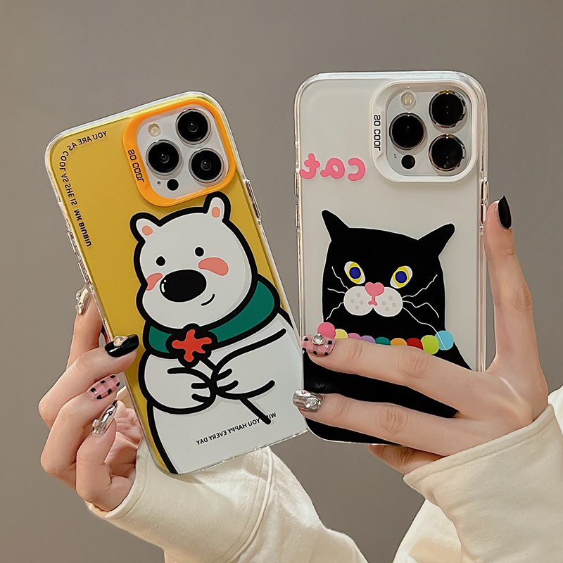 Black Cat &amp; White Bear Skin Feel Soft Case HP iP iPhone 12 13 14 Pro Max 11 Woman Girl FTD Casing Apple