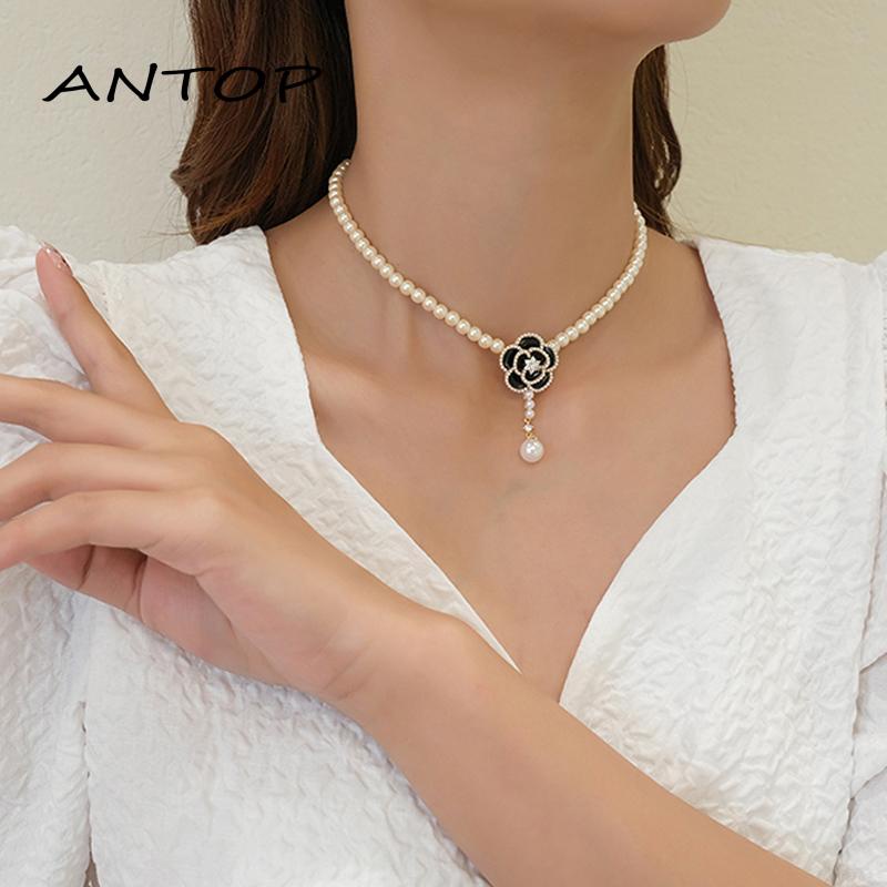 [antop] Camellia Liontin Lucu Mutiara Liontin Kalung Wanita Temperamen Tulang Selangka Kalung