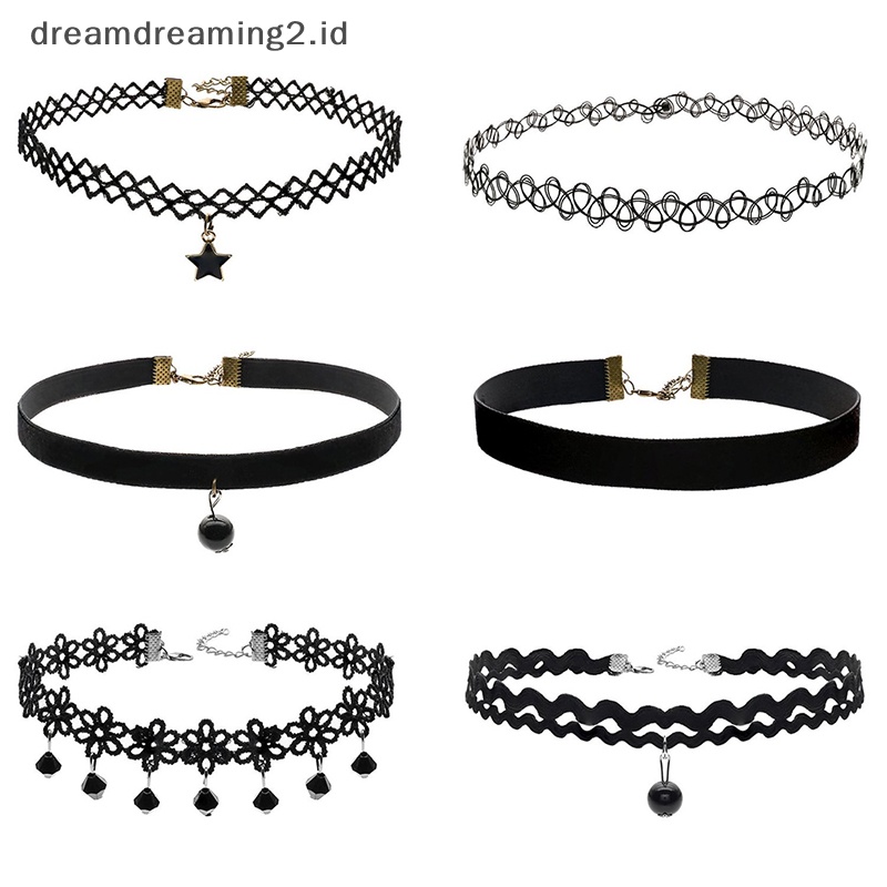 (drea) 6 Pcs Wanita Hitam Beludru Choker Kalung Gadis Renda Choker Tato Kalung Liontin//