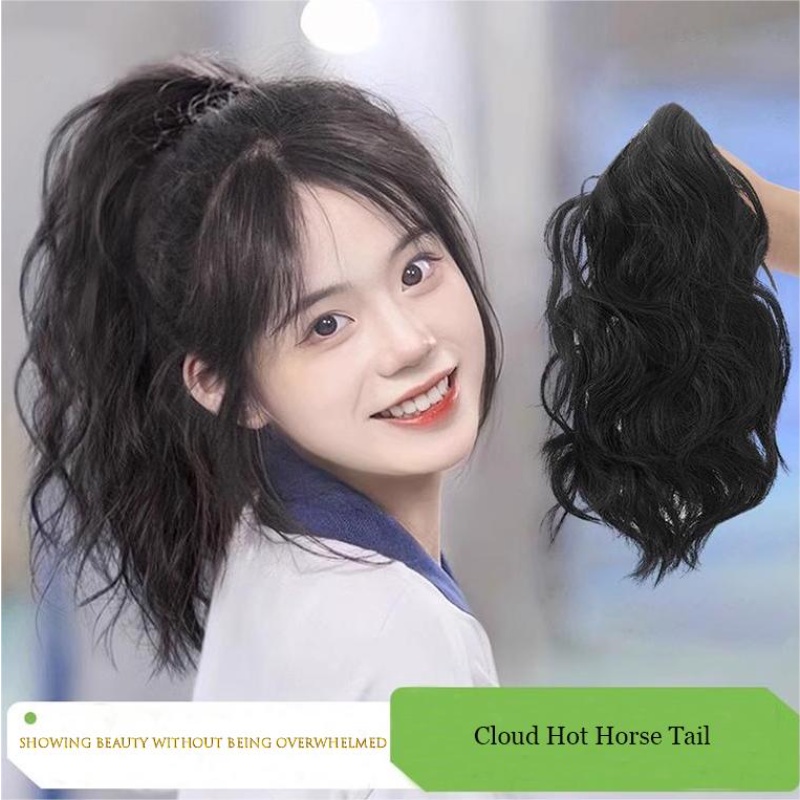 Korea Tinggi Ponytail Wig Perempuan Kepala Ambil Klip Awan Ponytail Rambut Keriting Meningkatkan Rambut Asli Hiu Klip