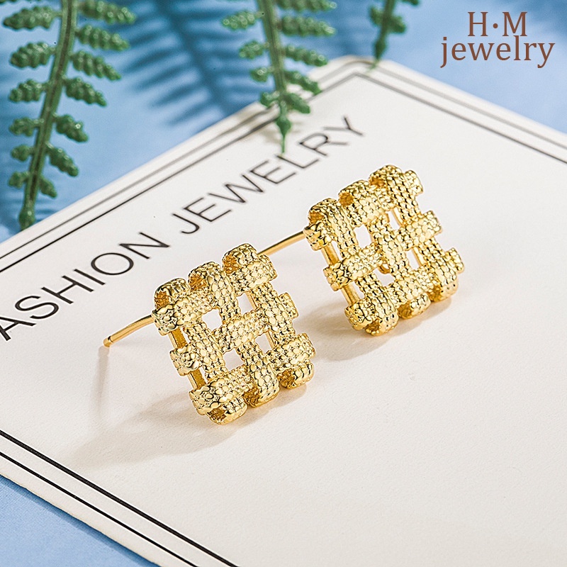 S925 Perak Geometris Persegi Anyaman Stud Anting-Anting Sederhana Elegan Bermutu Tinggi Koil Nyamuk Telinga Klip