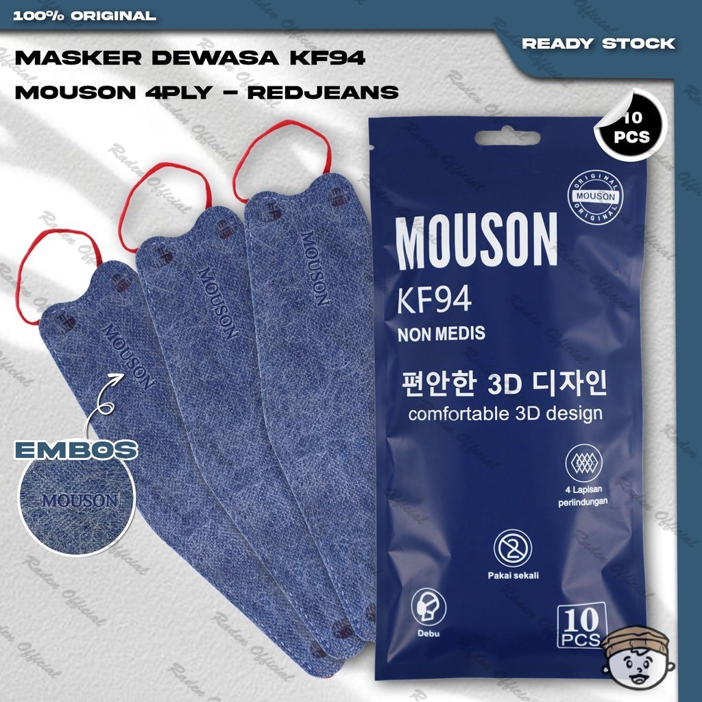 Masker KF94 MOUSON 4Ply Isi 10Pcs Red Jeans Soft KF 94 4 Ply Earloop Surgical Mask