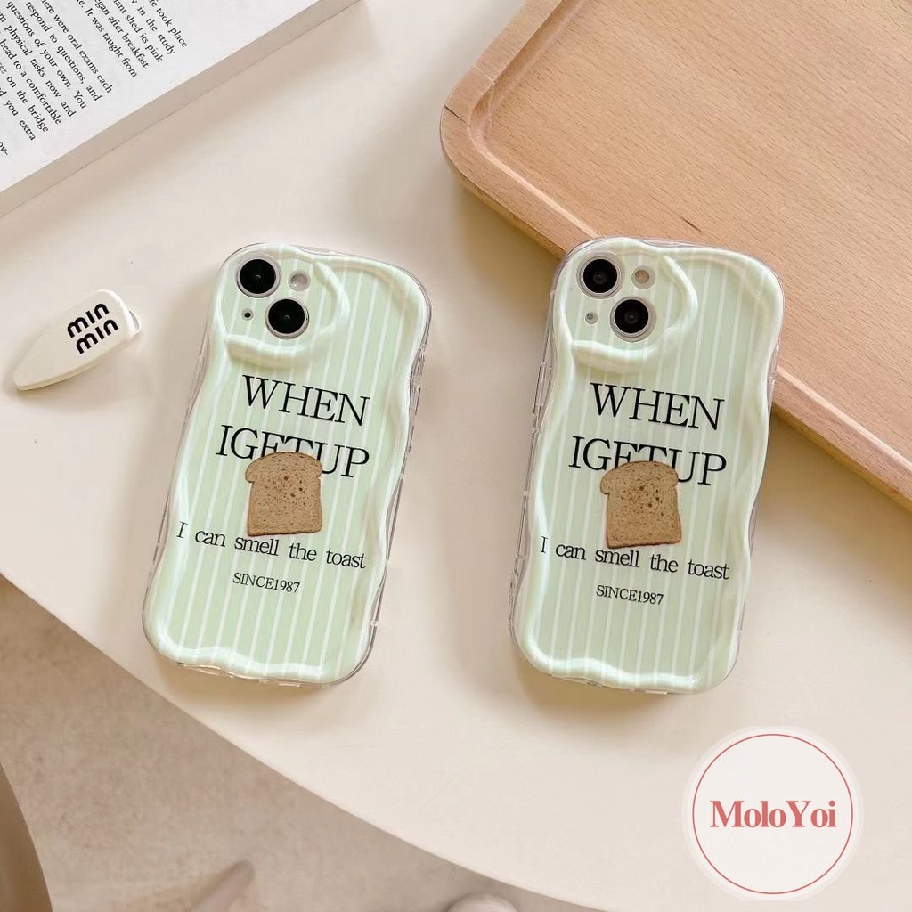 IPHONE Creative Toast Bread 3D Wavy Curved Edge Case Kompatibel Untuk Iphone11 14 13 12 Pro Max 7Plus XR X XS Max 6s 7 6 8 Plus SE 2020 Soft Glossy Green Shockproof Phone Cover
