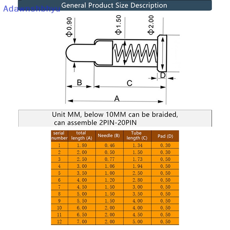 Adhyu 10Pcs SMT Pogo Pin Konektor Pogopin Spring Loaded Contact PCB 2.0/3.5 /4 /4.5/5.5/6.5/7MM Test Probe ID