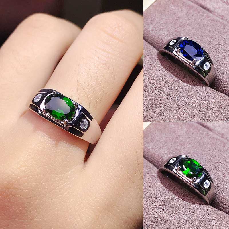 Sederhana Biru Hijau Zirkon Pria Punk Fashion Perhiasan Perak Baja Titanium Pertunangan Pernikahan Rings