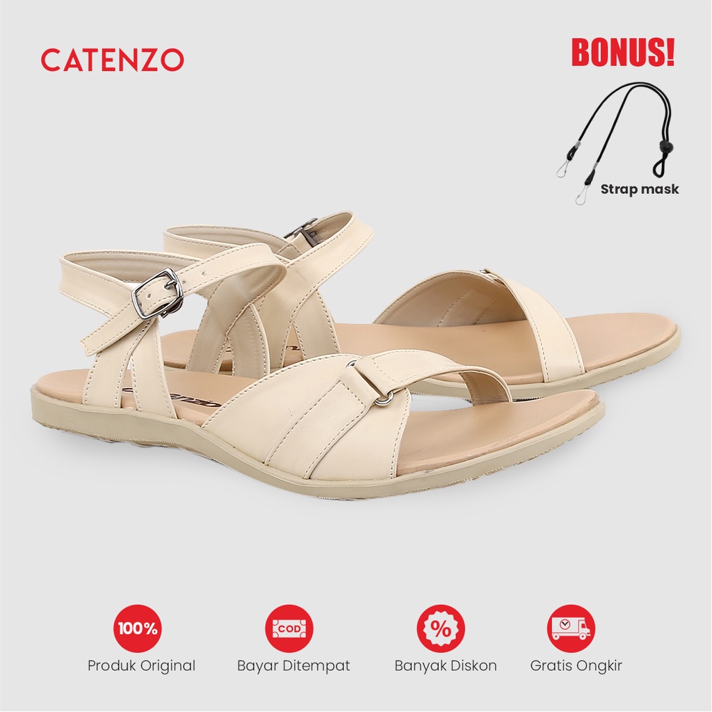 [GRATIS STRAP MASK] Catenzo - JB 032 Sandal Wanita Casual Original Kulit Sintetis Cream Krem Sendal 