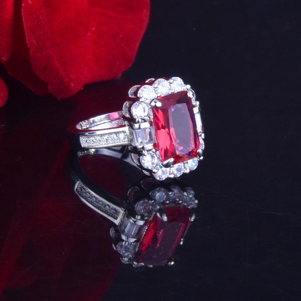 Goldkingdom Aksesoris Perhiasan Fashion Ready Stock Ruby Princess Square Diamond Ring Mewah Pertunangan Fancy Color Diamond Ring