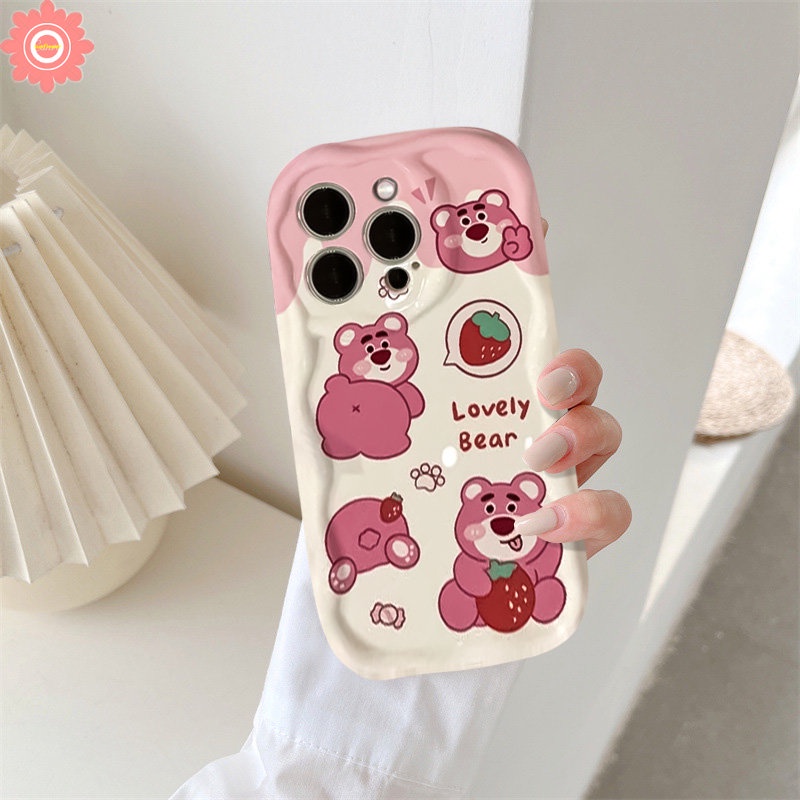 Casing Manyo Kartun Lucu Untuk Realme C53 C12 C21Y C25 C35 C20A C25Y 5 5i 7i 6i 5s C55 C31 C1 C17 C20 C25s C15 C30 C21 C33 C3 Lovely Strawberry Bear 3D Wavy Curved Edge Soft Cover