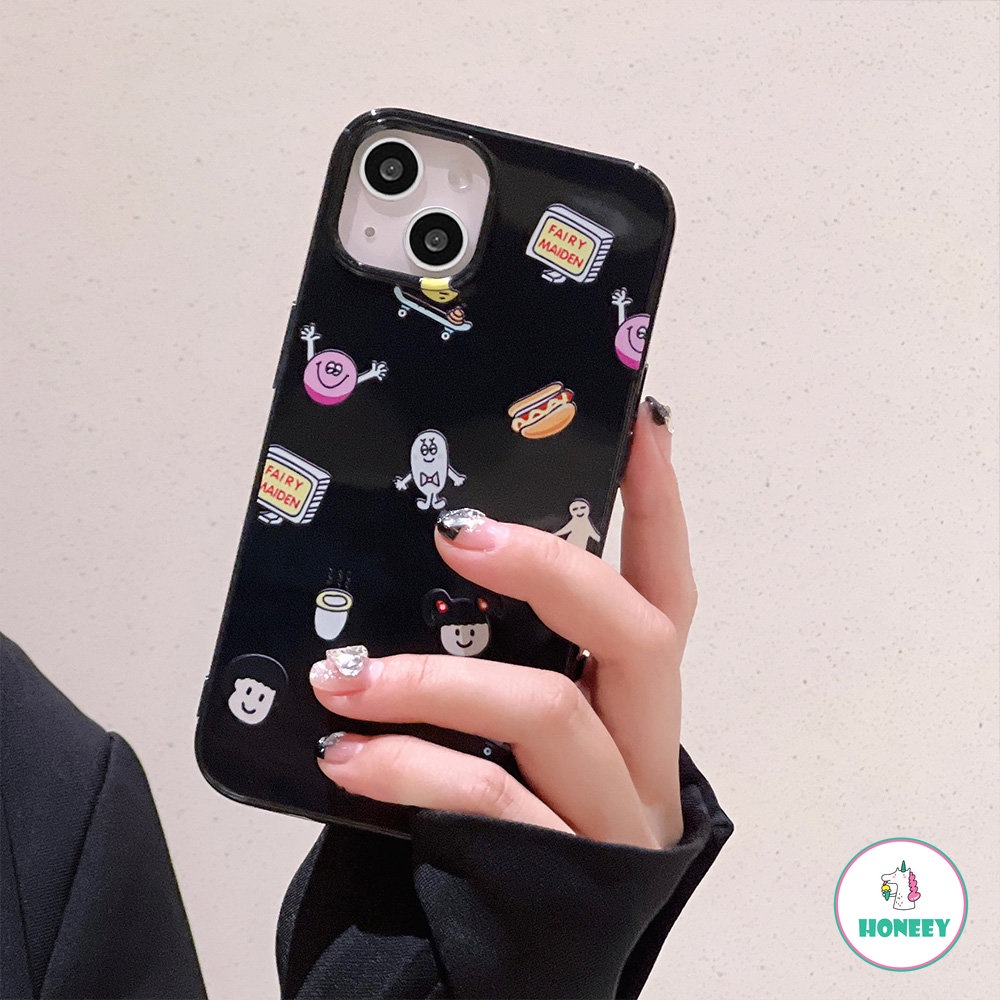 IPHONE Kartun Lucu Stiker Layar Penuh Ponsel Case Kompatibel Untuk Apple14 Untuk Iphone11 13 14 12 Pro Max XS XR 78 Plus Hitam Glossy Lembut TPU Shockproof Cover