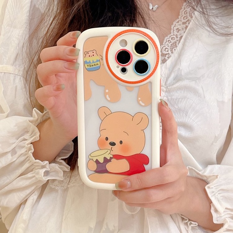 Kamera Melingkar Protect Cream Soft Case IPhone 11 13 12 14 PRO Max Casing Ponsel Untuk Wanita Cewek Imut Strawberry Bear Manyo Winnie the Bear