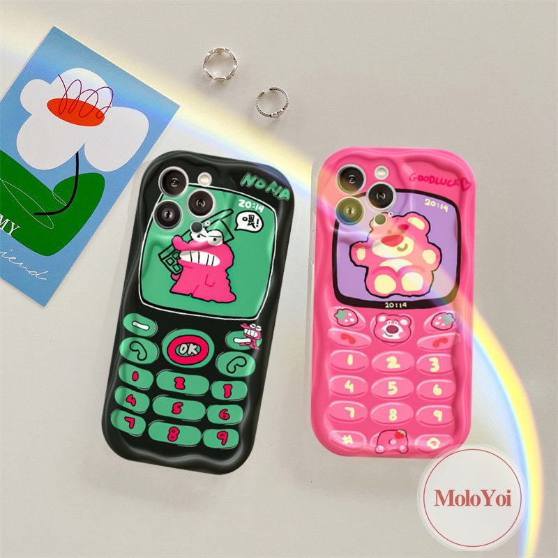 Case Beruang Strawberry Buaya Kartun Lucu Kompatibel Untuk IPhone XR XS X Max 6 6s 7 8 Plus 11 12 14 13 Pro Max SE 2020 Ponsel Kreatif Tombol Pasangan 3D Wavy Curved Edge Soft Cover