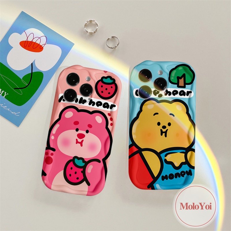 Soft Tpu Cute Winnie The Pooh Case Kompatibel Untuk IPhone XR X XS Max7 6 8 6s Plus 11 13 12 14 Pro Max 7Plus SE 2020 Kartun Strawberry Bear Manyo 3D Wavy Curved Edge Glossy Cover