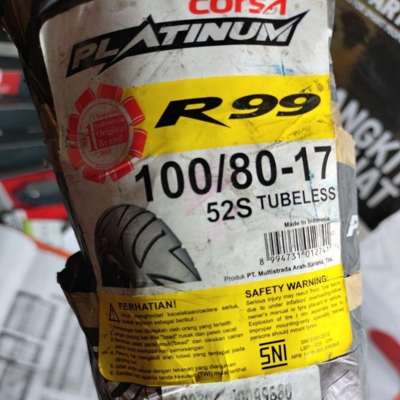 BAN LUAR CORSA TUBLES TUBELESS 100/80-17 RING 17 PLATINUM R99 SILVI VICKY
