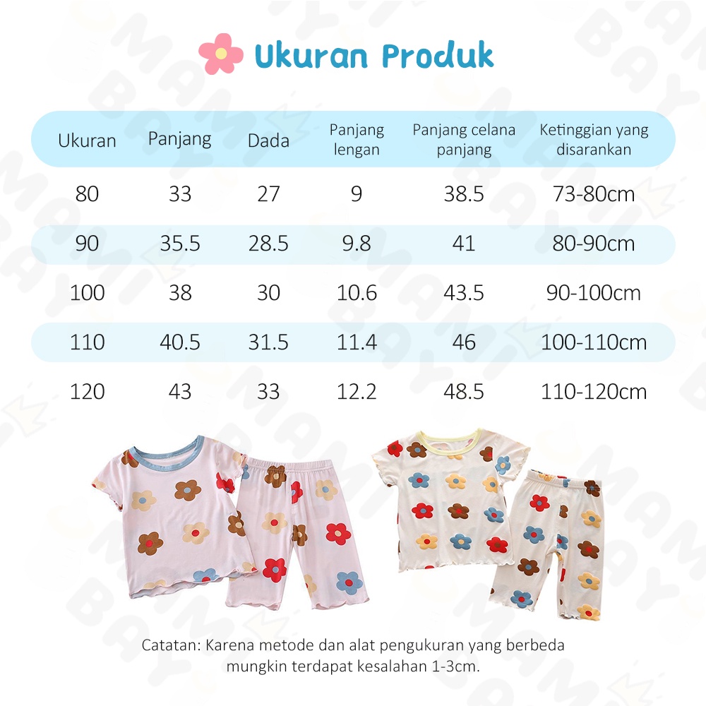 OKEYI Set Baju Tidur Anak Perempuan Motif Bunga Pajamas Anak Lucu Piyama Lengan Pendek Anak Import Stelan Anak Bayi