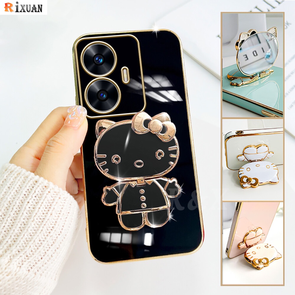 Realme C55 C33 C30 C35 C21Y C25Y Realme C11 2021 C15 C12 C25 C20 RealmeC2 Narzo 50A A1K Cermin Rias Fashion Kitty Cat Lipat Stand Holder Mewah Plating Karet Soft Cover RiXU