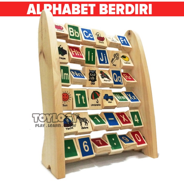 Mainan Kayu Edukasi Anak Huruf Alphabet Angka Berdiri Balok Abjad Papan Belajar Wooden Montessori