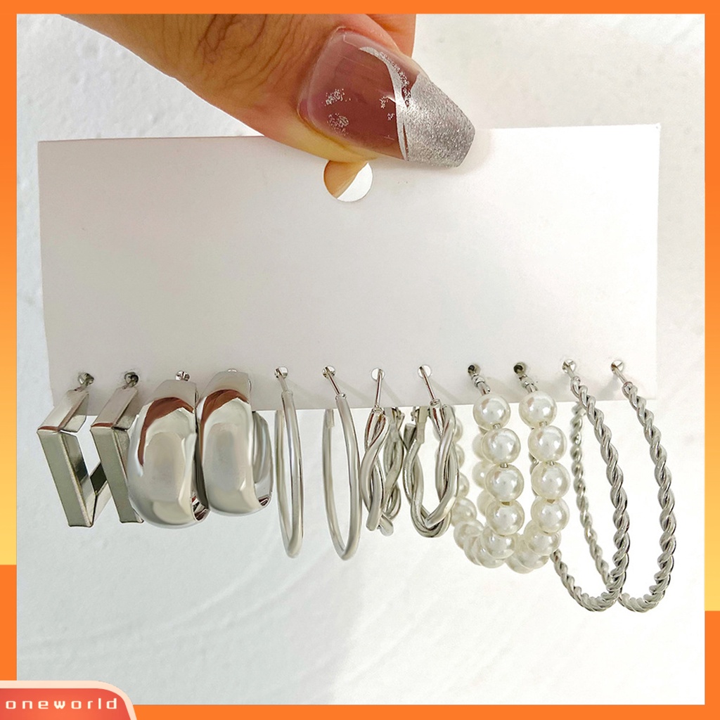 [ONE] 6pasang Wanita Anting Hoop Sederhana Geometris Berbentuk C Memutar Mutiara Imitasi Aneka Anting Fashion Aksesoris Hadiah