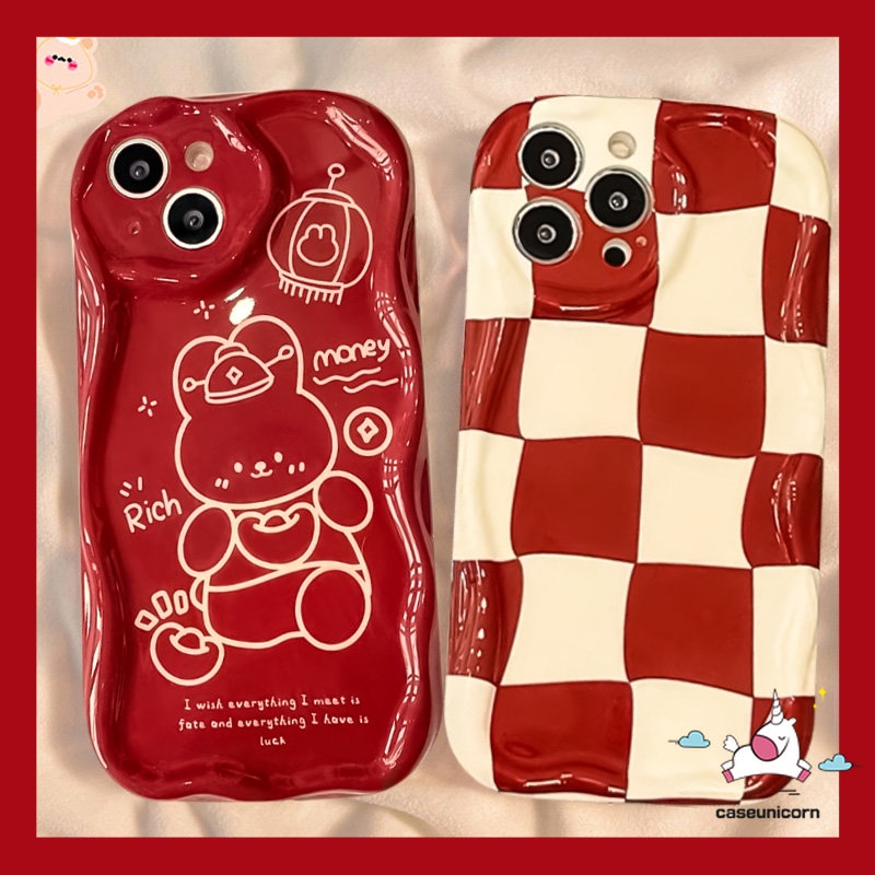 Checkerboard Red 3D Wavy Curved Edge Case Untuk Realme C53 C35 C31 C55 C25 5i 5 7i 6i 5s 9i C12 C33 C21Y C25s C11 C30 C25Y C15 C21 C17 C3 C20 C1 C20A C3 Kartun Kelinci Lucu Cover