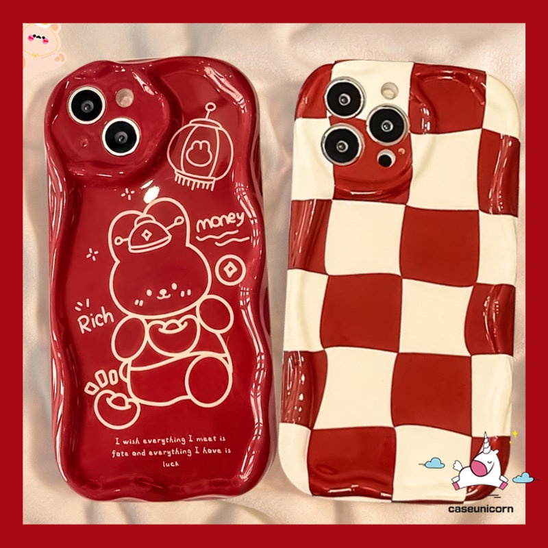 Case Glossy Kotak-Kotak Kartun Merah Untuk Redmi 9C NFC 10C 10A A2 A1 10 9A 9T 9 POCO M3 Redmi Note8 11 9 10s 12 10 11s Pro Max 3D Tepi Melengkung Bergelombang Tahun Baru Kaya Lucu Kelinci Cover