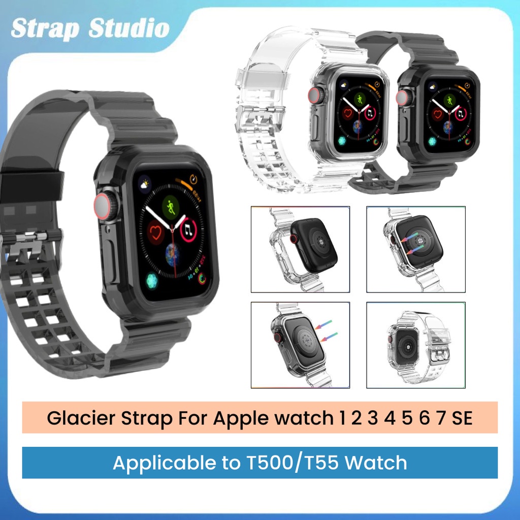 APPLE WATCH 2 in 1 Strap iWatch  Glacier Transparent Strap Series 1 2 3 4 SE 5 6 7 Size 45 44 42mm 41 40 38mm Replacement Strap for T500 T55 Smartwatch