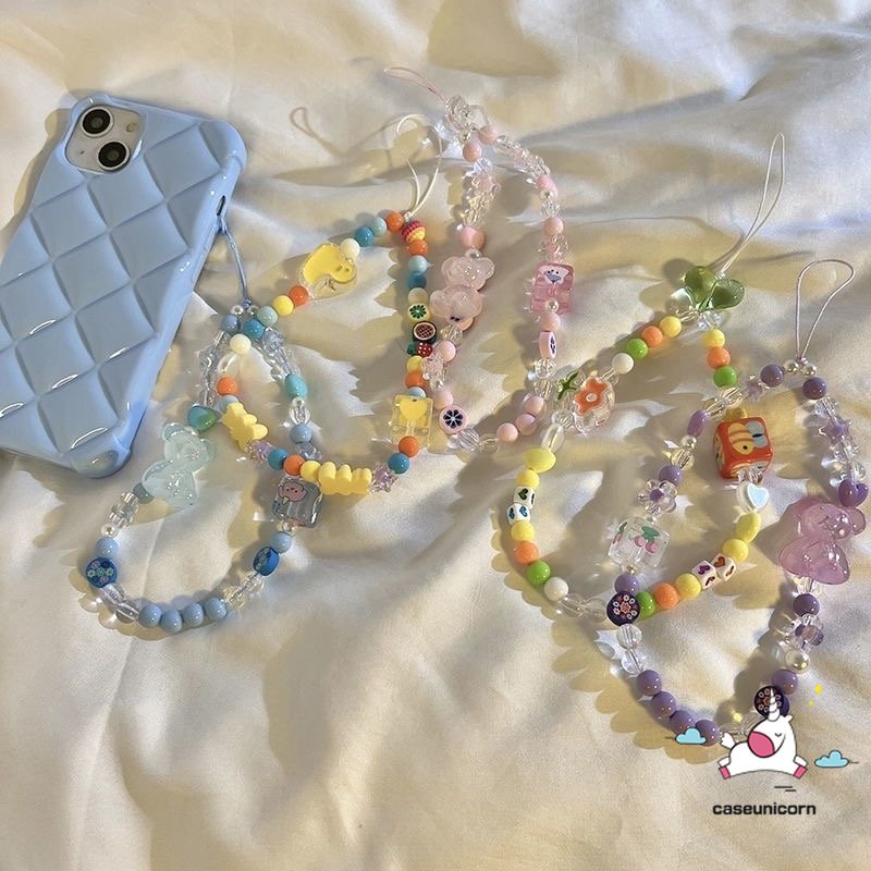 Ins Fashion Lucu Kartun Tali Tangan Universal Rantai Kelinci Beruang Smile Rantai Telepon Tali Strap Aksesoris Beragam Rantai Manik-Manik Gelang Kotak-Kotak Gantungan Kunci Lanyard