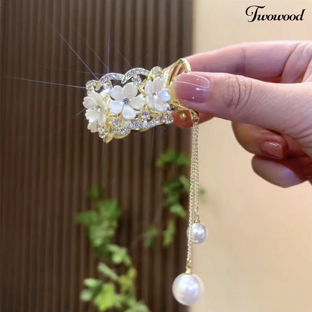 Twowood Ponytail Holder Claw Non-slip Cakar Kuat Bunga Dekorasi Shiny Rhinestone Rumbai Hiasan Rambut Manik-Manik Mawar Cakar Kuat Pegangan Rambut Aksesoris Rambut