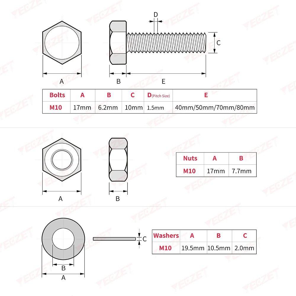 Populer 48pcs Baut Dan Mur M10 Heavy Duty 4ukuran Paling Umum Mesin Cuci Kunci Aneka Kit