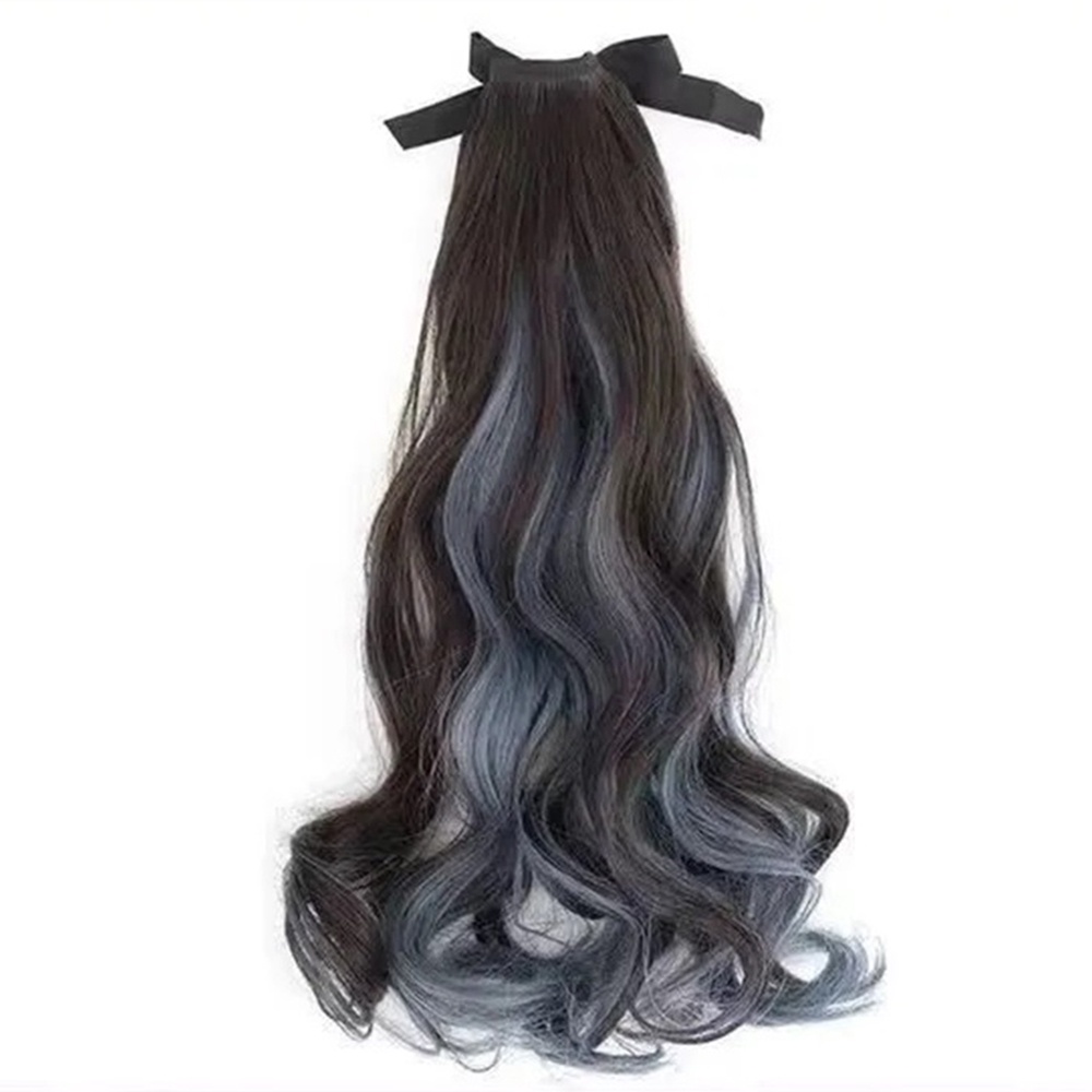 1pcs Y2k Gradient Haze Blue and Gold Rambut Panjang Bergelombang Ponytail Wig Untuk Wanita Aksesoris Rambut 50cm