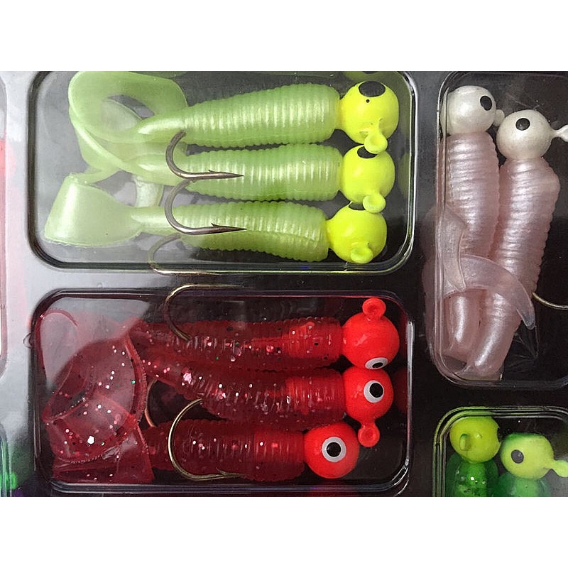 Adhyu Set Umpan Pancing Jig Lead Head Hooks Cacing Lembut Grub Single Tail Bait 17Pcs ID