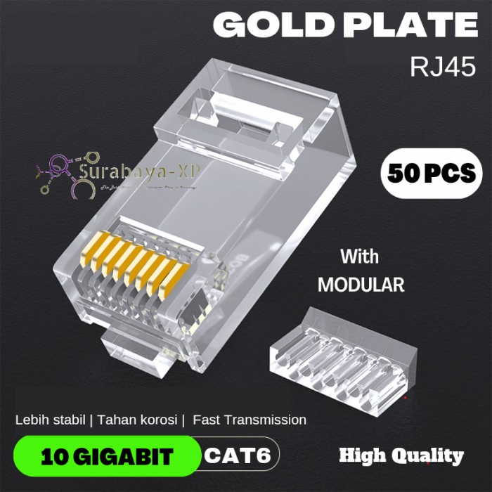 Konektor RJ45 CAT6 DENGAN MODULAR Gold Plate 50 PCS JACK CAT 6