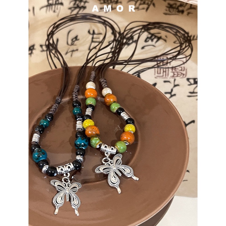 Kalung Liontin Kupu-Kupu Keramik Gaya Etnik China Baru Hip Hop Kerah Rantai Art Retro Aksesoris