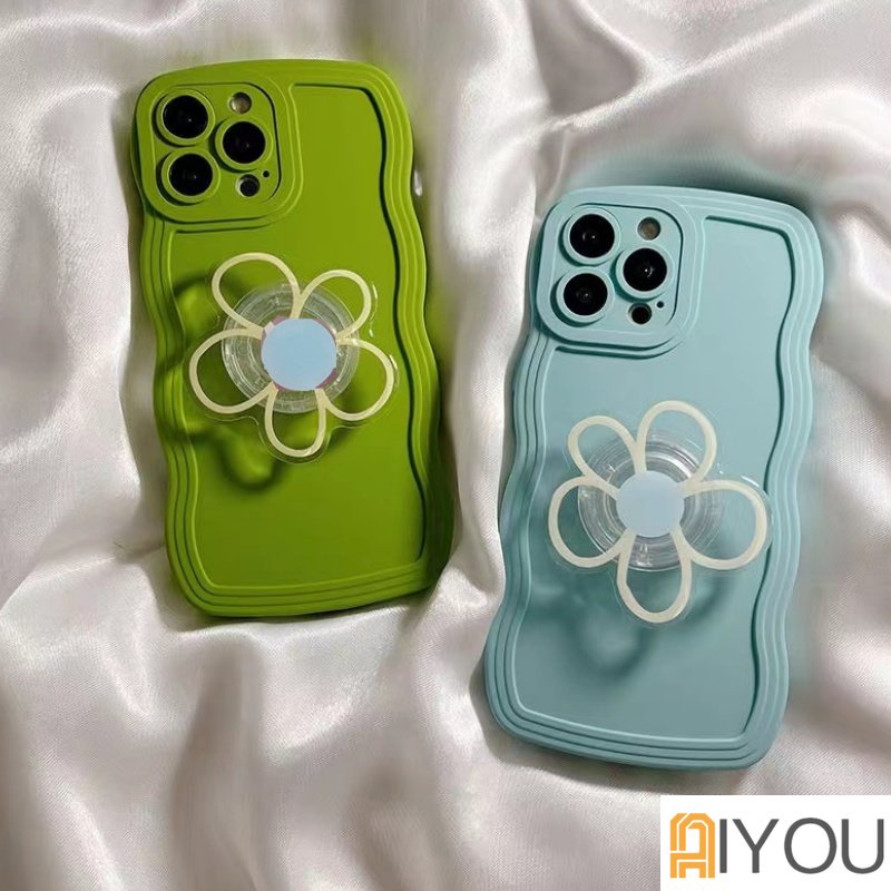 IPHONE Korean Cute Clear Flower Holder Stand Wave Matte Soft Case Untuk Iphone14 13 12 11 Pro Max Lovely Floral Grip Shockproof Cover