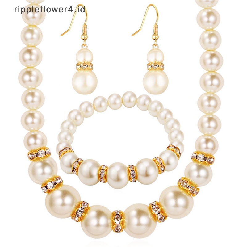 {rippleflower4.id} 3in1 Set Elegan Simulasi Mutiara Kalung Anting Gelang Panjang Kalung Wanita Pengantin Pernikahan Perhiasan Hadiah~