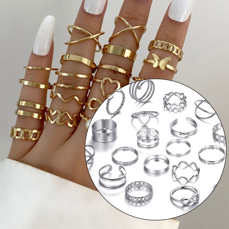 22pcs/set Mutiara Warna Emas Cincin Vintage Kupu-Kupu Cincin Untuk Wanita Geometris Fashion Jantung Cincin Berongga Perhiasan Trendi Aksesoris