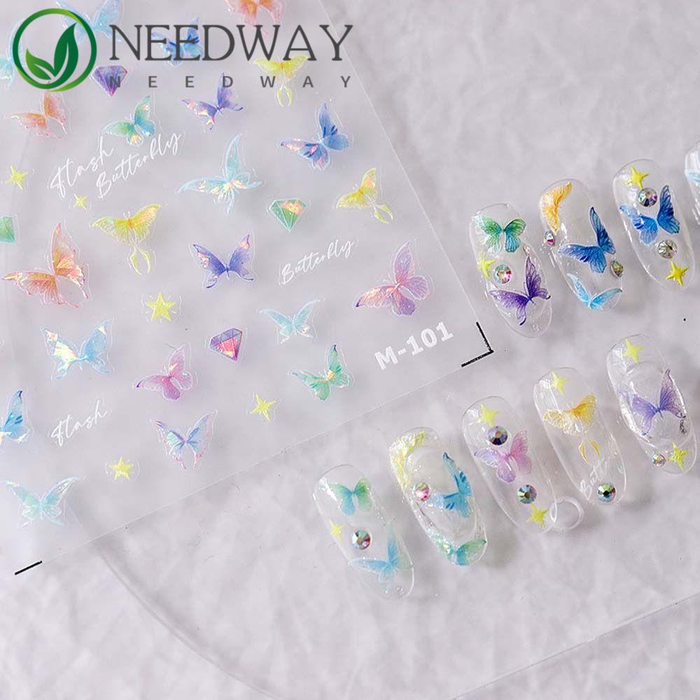 Needway  Stiker Kuku Kupu-Kupu Warna-Warni Fashion Bintang Laser 3D Relief Nail Dekorasi