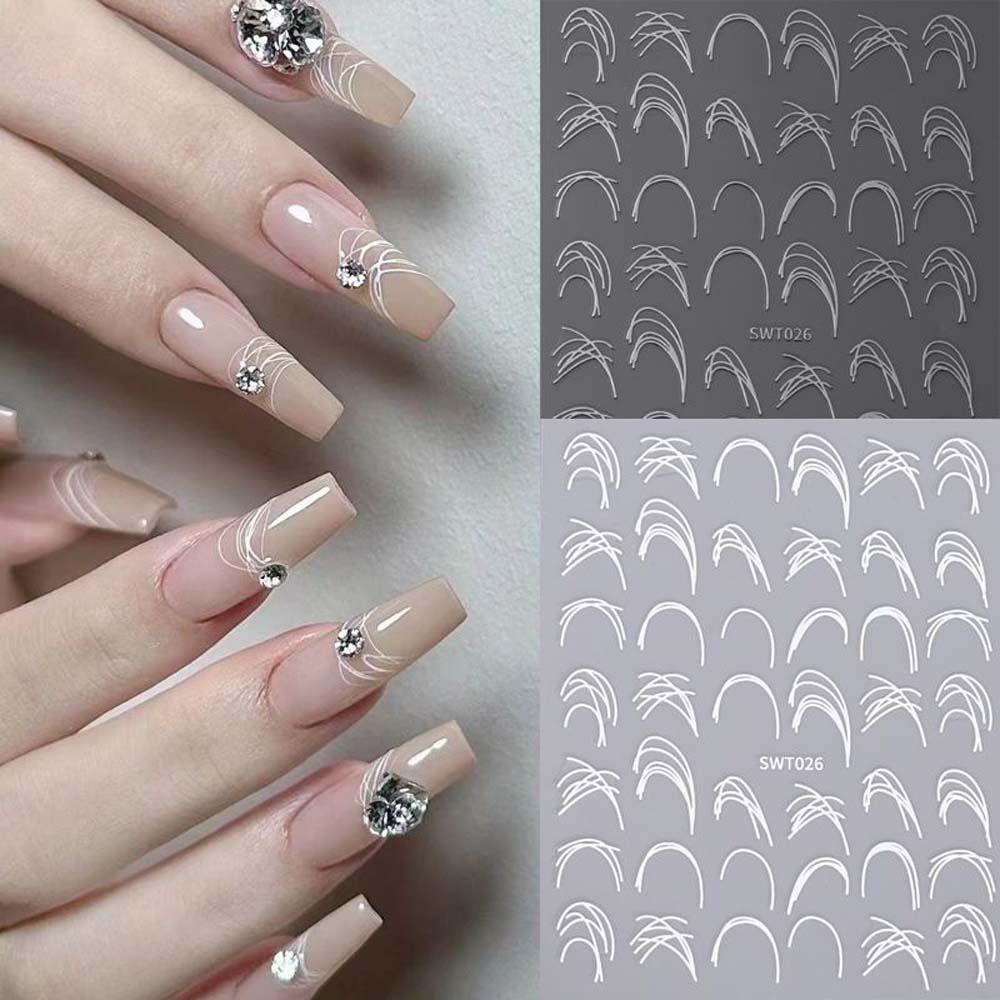 AUGUSTINA Agustinina French Nail Stiker Wanita Ins Style Wavy Line Edge Brushed Line Silver Putih Dekorasi Kuku