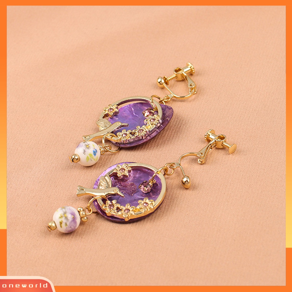 [WOD] 1pasang Anting Menjuntai Pengerjaan Halus Motif Bunga Burung Kreatif Embos Ungu Wanita Earring Clip Untuk Pesta