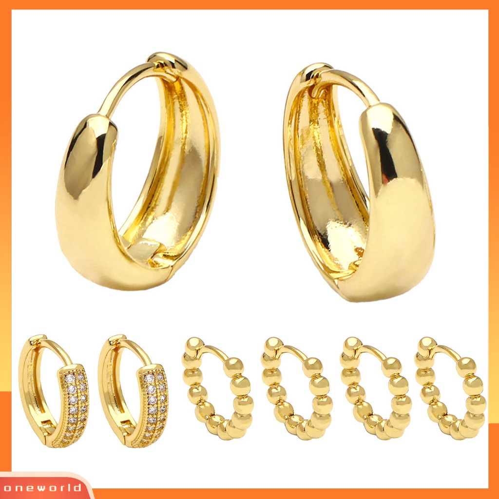 [WOD] 1pasang Huggie Earrings Bulat Lingkaran Warna Solid Permukaan Halus Anti-Cacat Colorfast Hias Shiny Cubic Zirconia Tahan Lama Dilapisi Wanita Anting Untuk Belanja